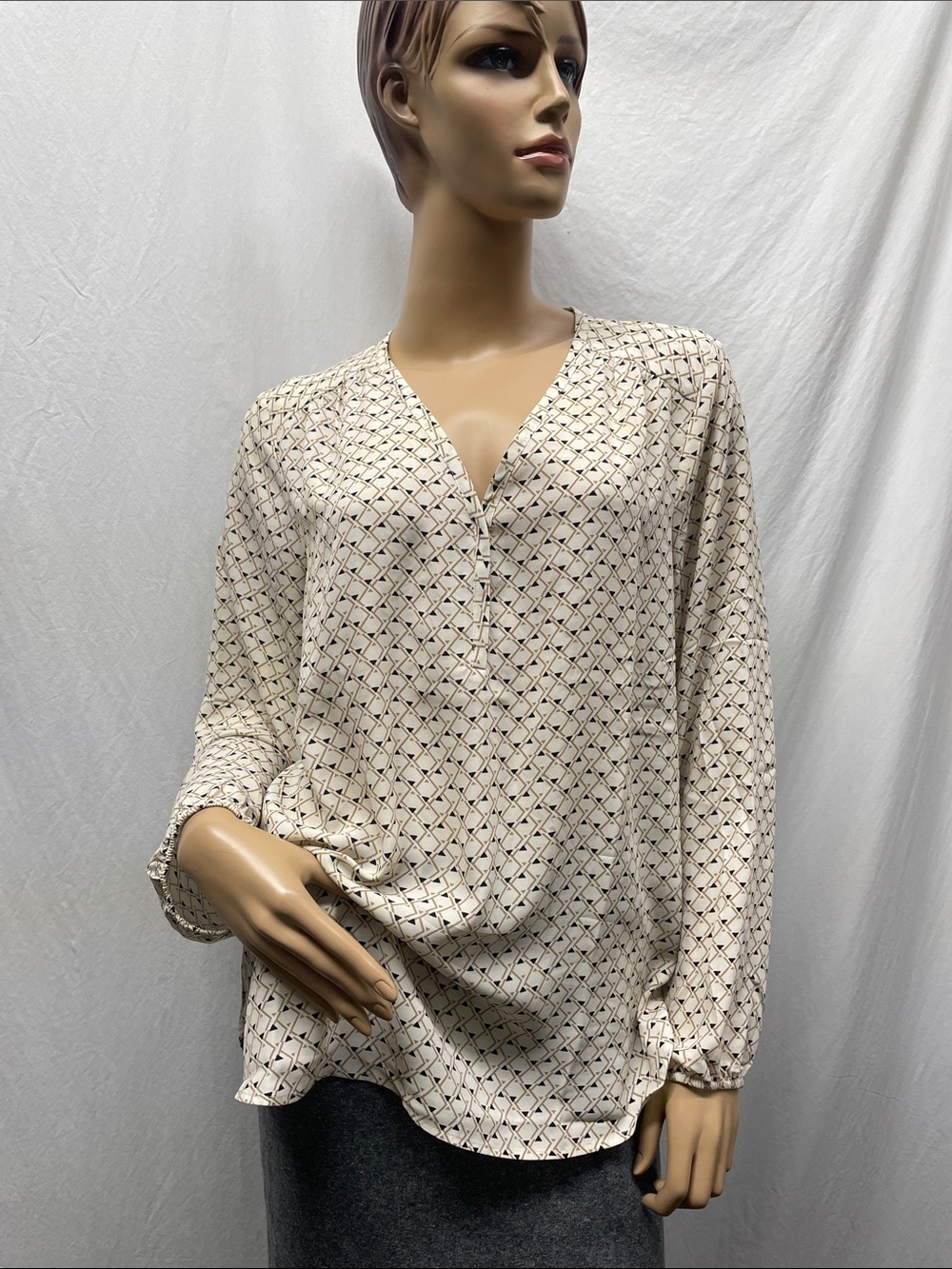 Pleione Women's Cream with Black & Gold Print Long Sleeve Pullover Blouse (SZ L)